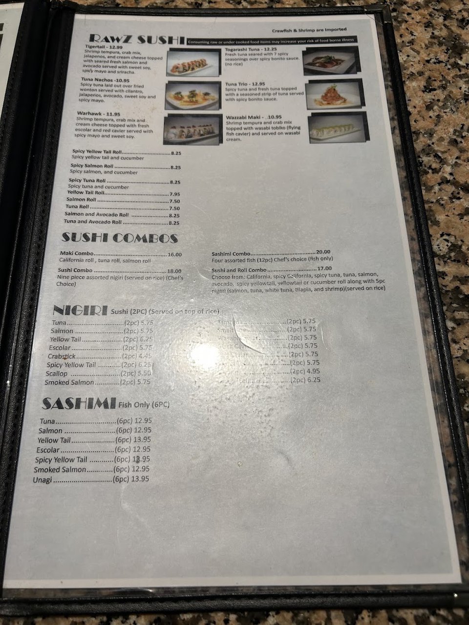 Restaurant menu showing rolls and spring rolls.